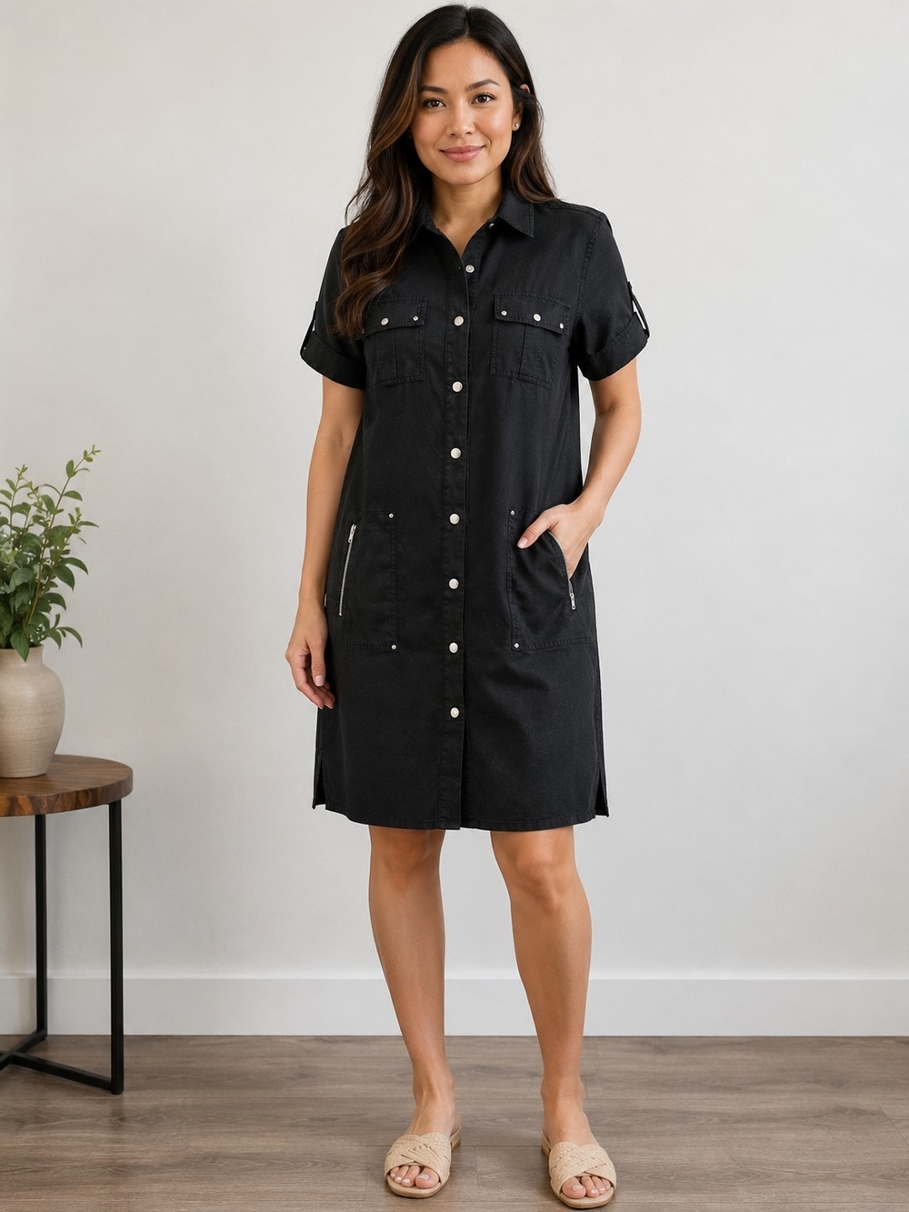 Ellen Tracy Black 100% Linen Utility Shirt Dress Size M